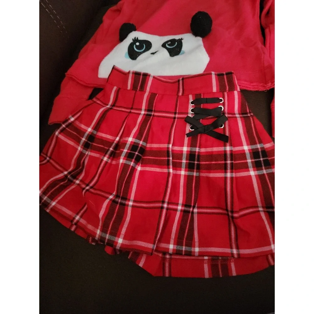 Justice Christmas holiday panda sweatshirt‎ and red plaid skort size 6 7 Justice